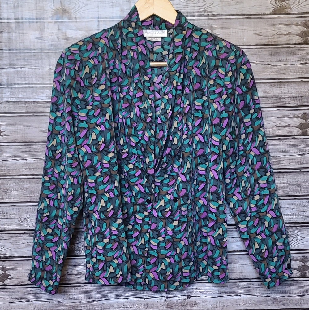 2 For $18 Vintage 80s Anna Kriste Teal Purple Blazer Blouse size 8 Petite